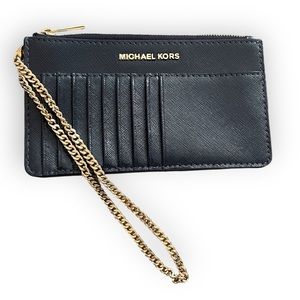 Michael Kors Card Wallet Black Patent Leather Gold Chain Wristlet